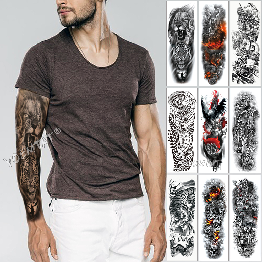 

Large Arm Sleeve Tattoo Sketch Lion Tiger Waterproof Temporary Tattoo Sticker Wild Fierce Animal Men Full Bird Totem Tattoo