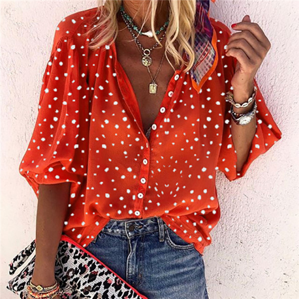 

Designer Colorful Contrast Color Shirts Women Casual Elegant Loose Half Sleeved V Neck Shirts Fashion Womens Blouses