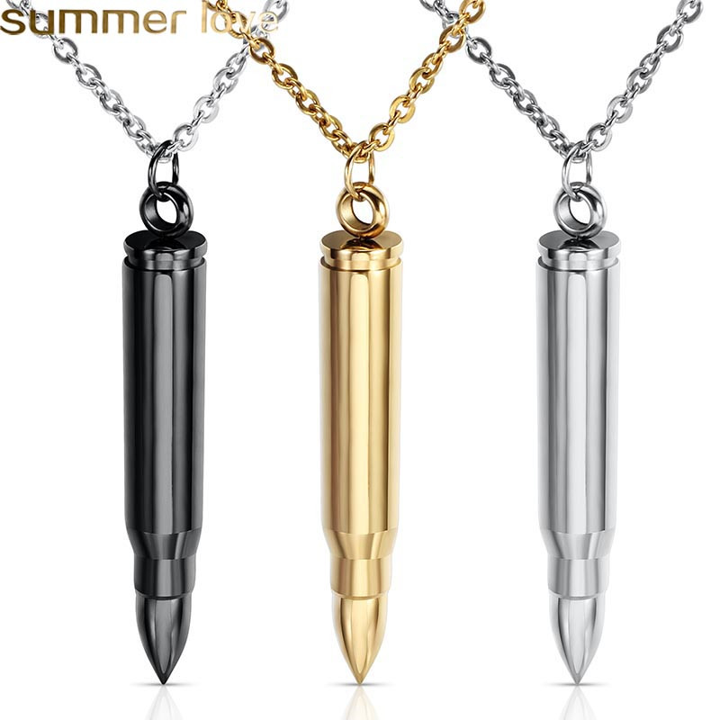 

Fashion Punk Bullet Necklace Men Steampunk Black Gun Gold Silver Plated Stainless Steel Bullet Pendant Necklaces Can Engrave Name Screw Open