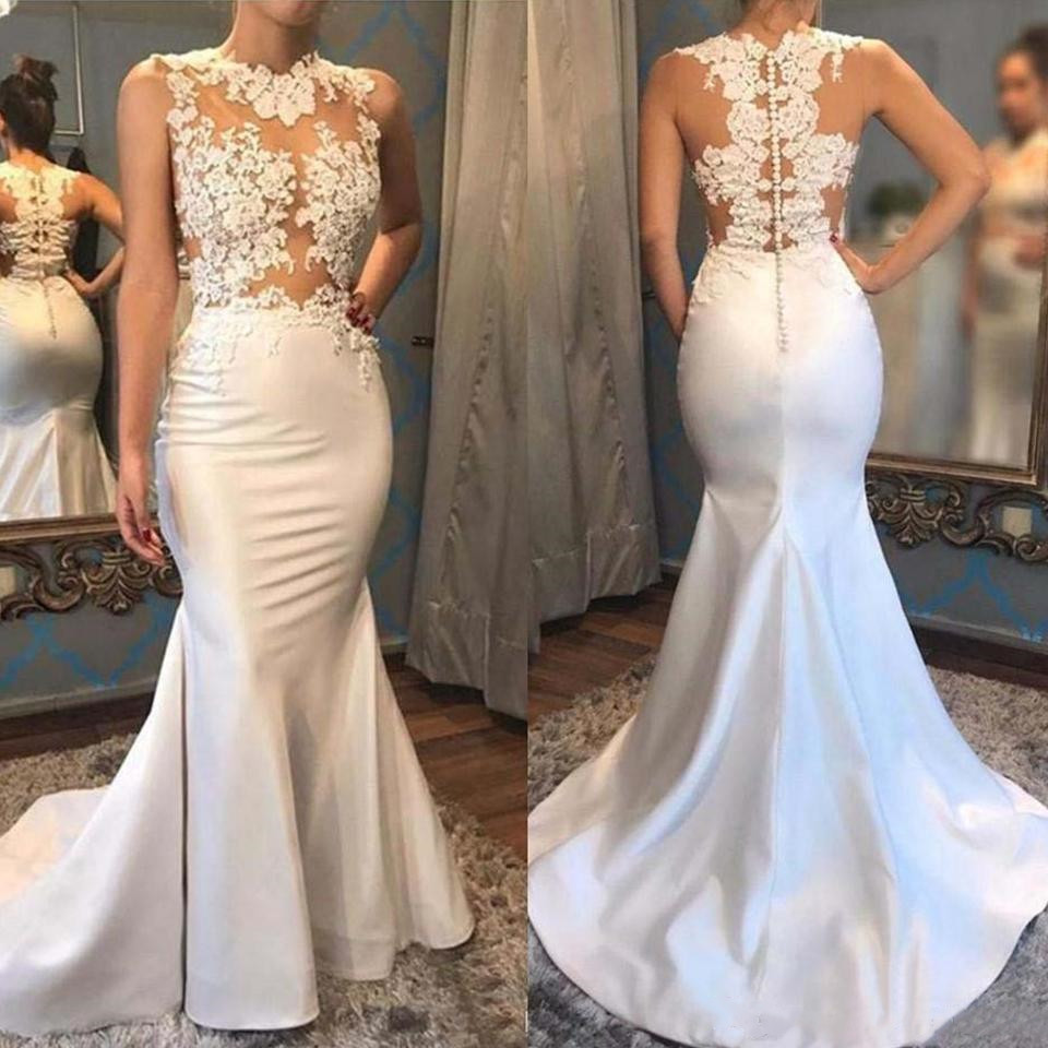2020 Plus Size Elegant Satin Mermaid Prom Dresses Sexy Illusion Lace Appliques See Through Sweep Train Evening Gowns vestidos de noivas