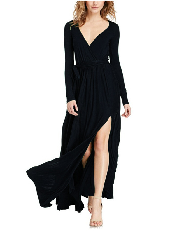 

Sexy V Neck Woman Solid Dress 2018 Spring Summer Solid Long Sleeve Women Dresses Split Floor-Length Women Clothes 2018, Black