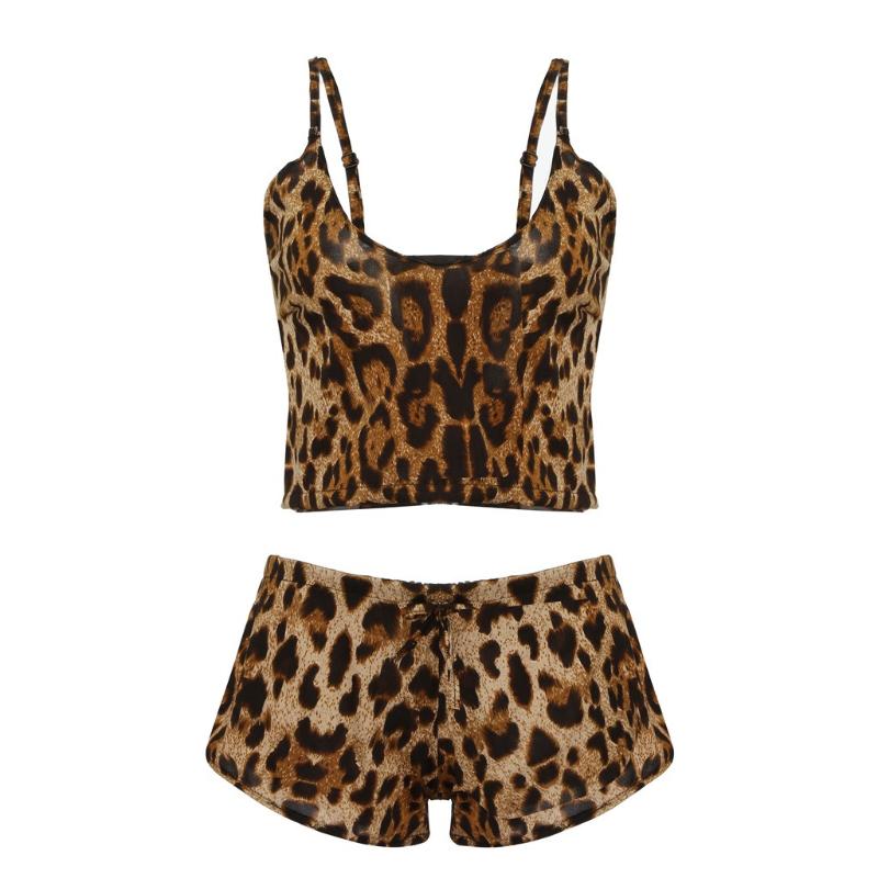 

pajamas for women sleepwear sexy home suit Women Plus Size Sexy Lingerie Bow Leopard Underwear Sleepwear Set y4, Brown