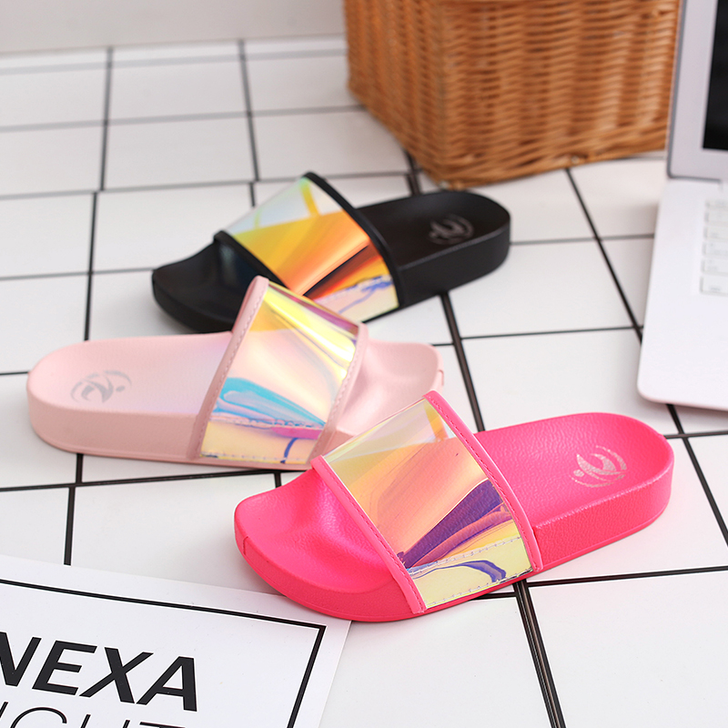 

Neon color mom and kid size sandals slippers customized printing neon transparent upper slippers, Pink