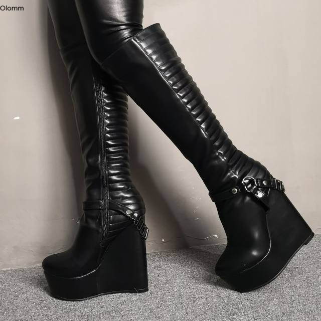Rontic nouvelles femmes genou bottes hautes compensées talons hauts bottes belle bout rond magnifique noir chaussures de fête femmes grande taill