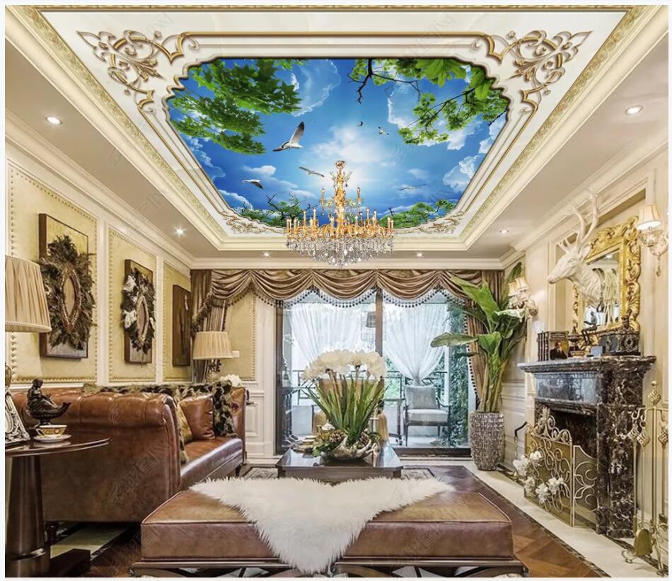 

3d ceiling murals wallpaper custom photo Blue sky and white clouds green leaves european pattern decor living room wallpaper for walls 3 d, Non-woven