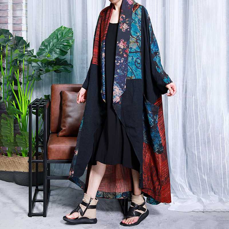 

EWQ] 2020 Spring Autumn New Outer Silk Printed Loose Large Size Coat Irregular Stitching Windbreaker Large Size 3AK061, Black