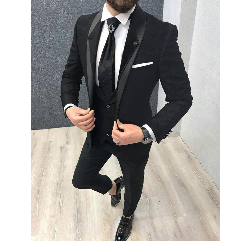 Black Fashion Mens Wedding Wedding Suits for Men Costume 3 Pieces Shawl Lapel Groom Suits Tuxedos Jacket+Pants+Vest
