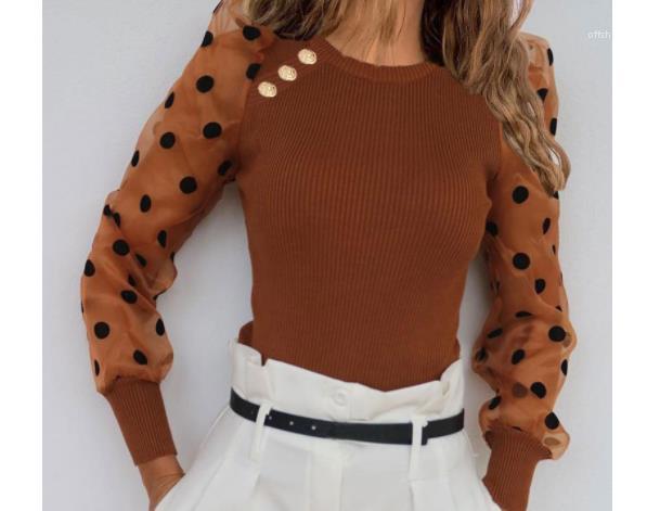 

Sleeved Designer Tshirts Women Button Panelled Sweet Sexy Slim Dots Crew Neck Tshirts Womens Fashion Tees New Mesh Puff, Black