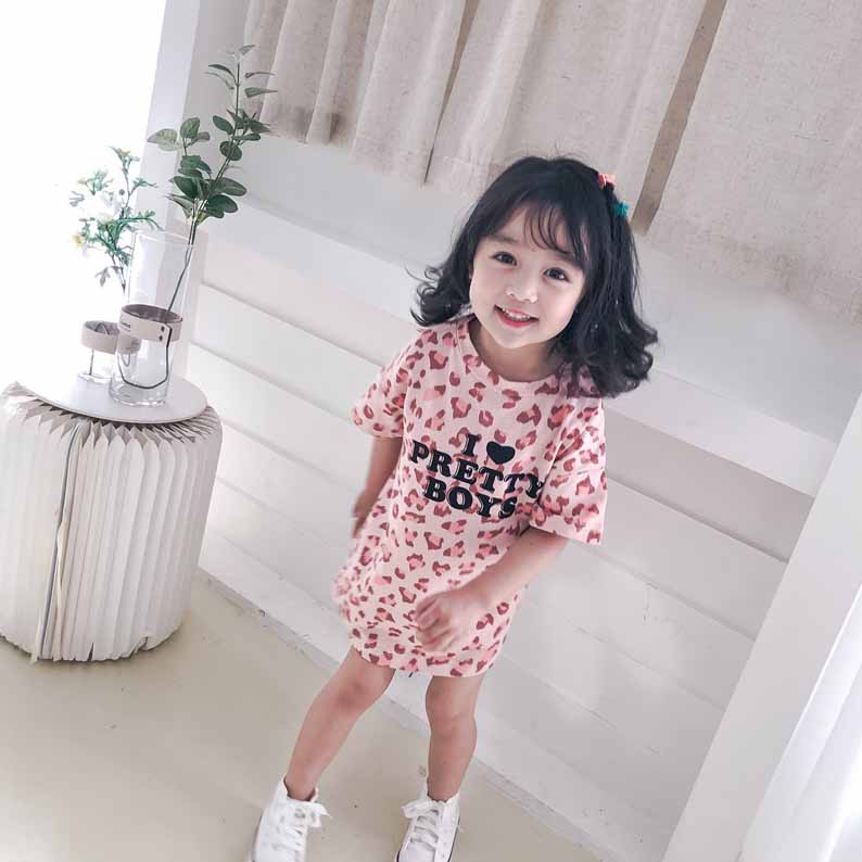 

Girls Fashion Short Sleeve T-shirts Kids Designer Long Shirts Girls Leopard and Letter Print Tops Children New T-shirts New Hot Sale 2020, Pink