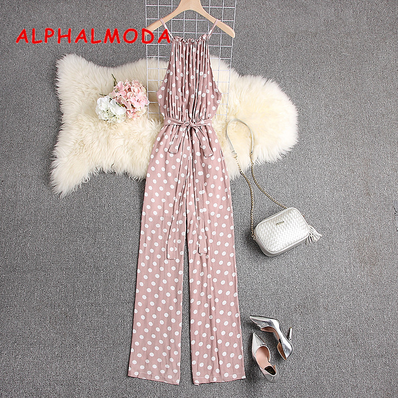 

ALPHALMODA 2020 Summer Polka Dot Sleeveless Jumpsuits Women Casual Loose Maxi Rompers Comfortable Salopette Femme, As pic