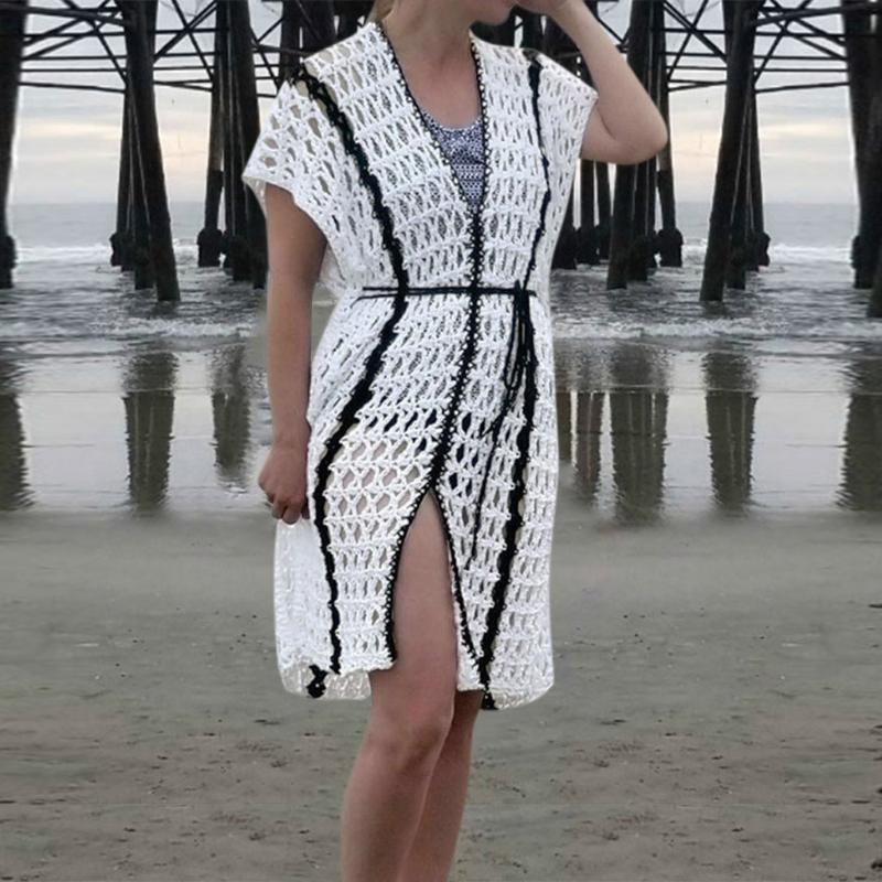 

Women Beach Dress 2020 Summer Holiday Mesh Hollow Knitted Bikini Swimsuit Cover Up Casual Loose Mini Beachwear Femme Cover-Ups, White