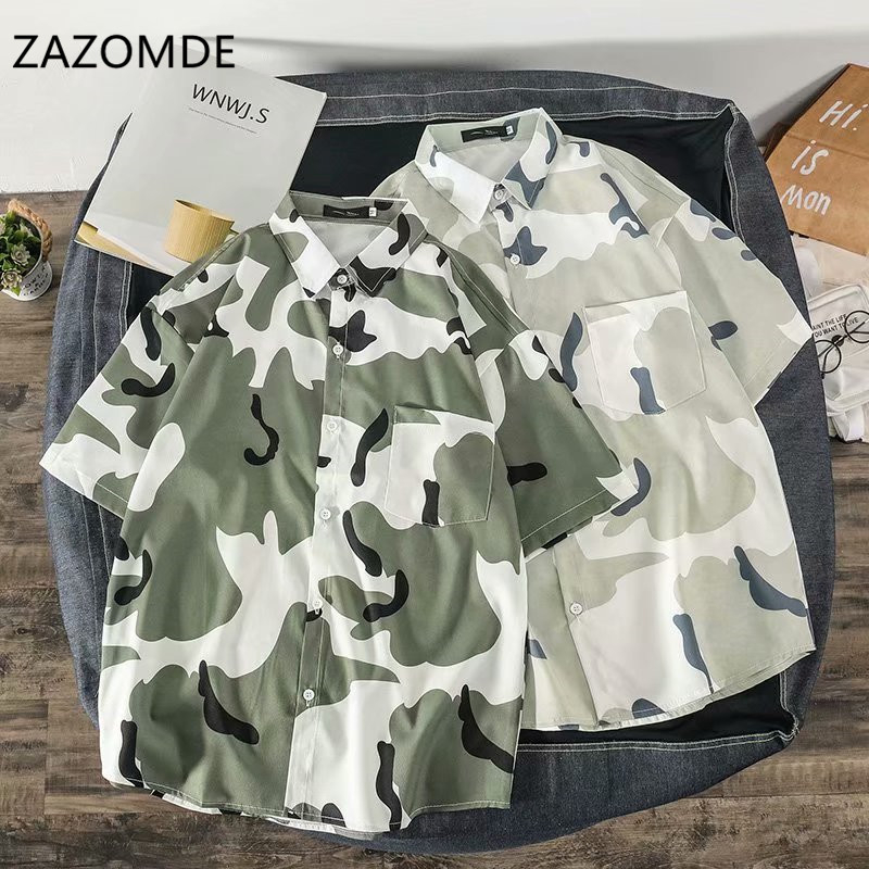 

ZAZOMDE Men Hawaiian Shirts Short Sleeve 2020 Summer Korean Streetwear Blouses Camo Cotton Button Up Shirt Men's Shirts Tops, 1141 green