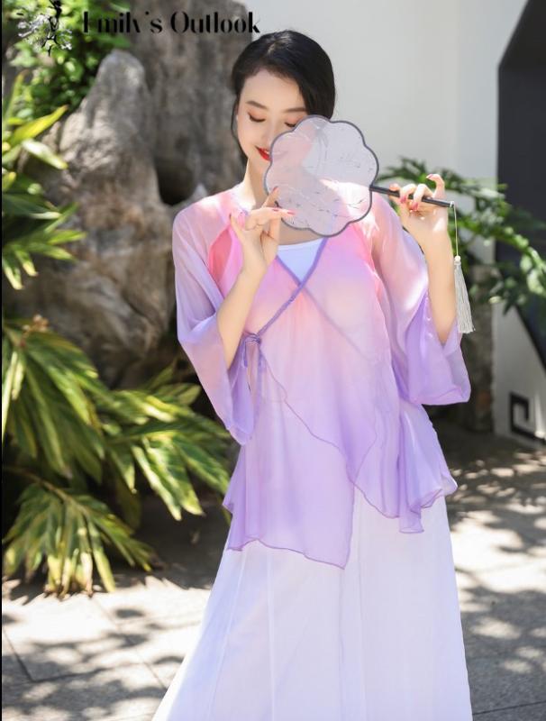 

Light Tencel Dancewear Pink Purple Gradient Women Folk Dance Yangko Dance Costume Long Sleeve Blouse Chiffon Harem Pants Summer