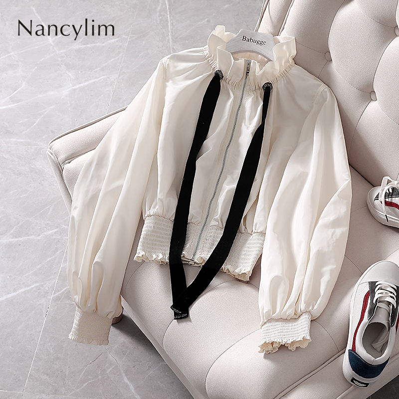 

Women New Summer Autumn Zipper Jacket Flounce Rope Jacket Female Streetwear Stand Collar Long Lantern Sleeve Short Coat, Creamy-white