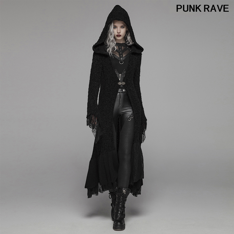 

Retro Lace sleeve Hooded Sweater Gothic Halloween Witch Winter Sweater Thickened Woolen Women Cardigan coat PUNK RAVE WM-047HMF, Black