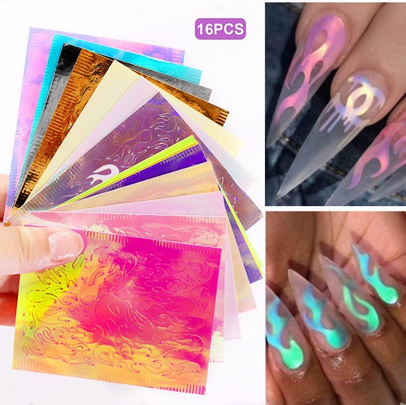 

Flame Reflections Nail Stickers - 16PCS Holographic Fire Flame Nail Art Decals 3D Vinyls Nail Stencil for Nails Manicure Tape Adhesive Foil, Multi