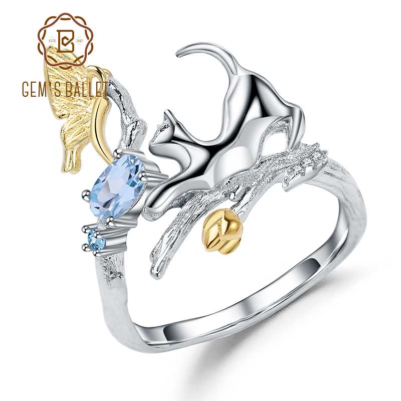 

GEM'S BALLET 0.29Ct Natural Swiss Blue Topaz Cat & Butterfly Rings 925 Sterling Silver Handmade Adjustable Ring for Women Bijoux
