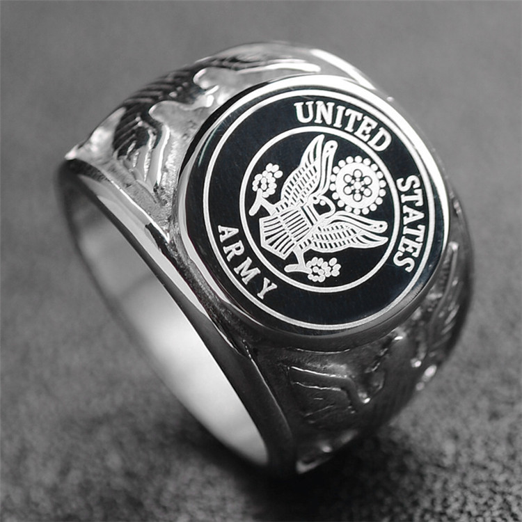Stainless Steel Marine Corps Ring Military USMC United States US Veteran Cz Onyx