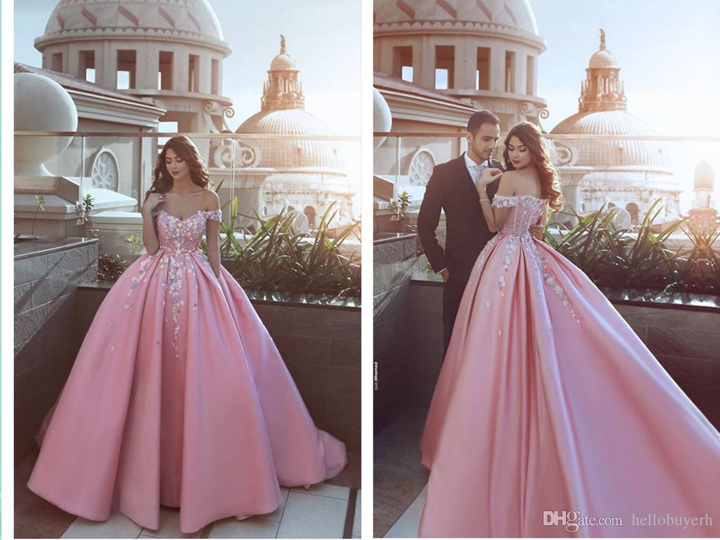 

Pink Satin Off Shoulder Muslim Princess Ball Gown Lace Applique Wedding Dresses Bridal Gowns abito da sposa Country Wedding Gowns, Gold