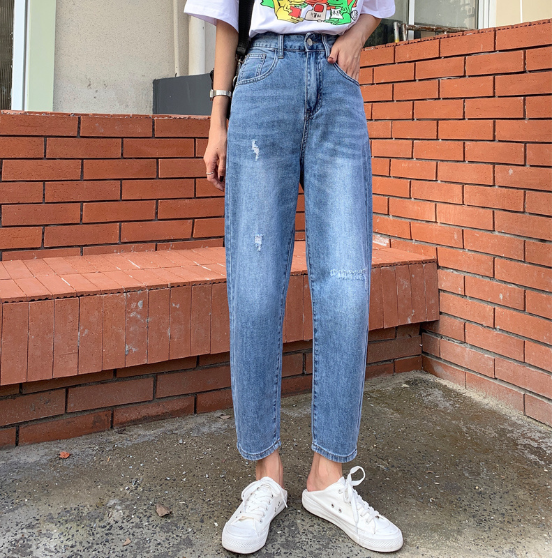 

New 2020 simple blue baggy frayed jeans female small harun pants female, As pic