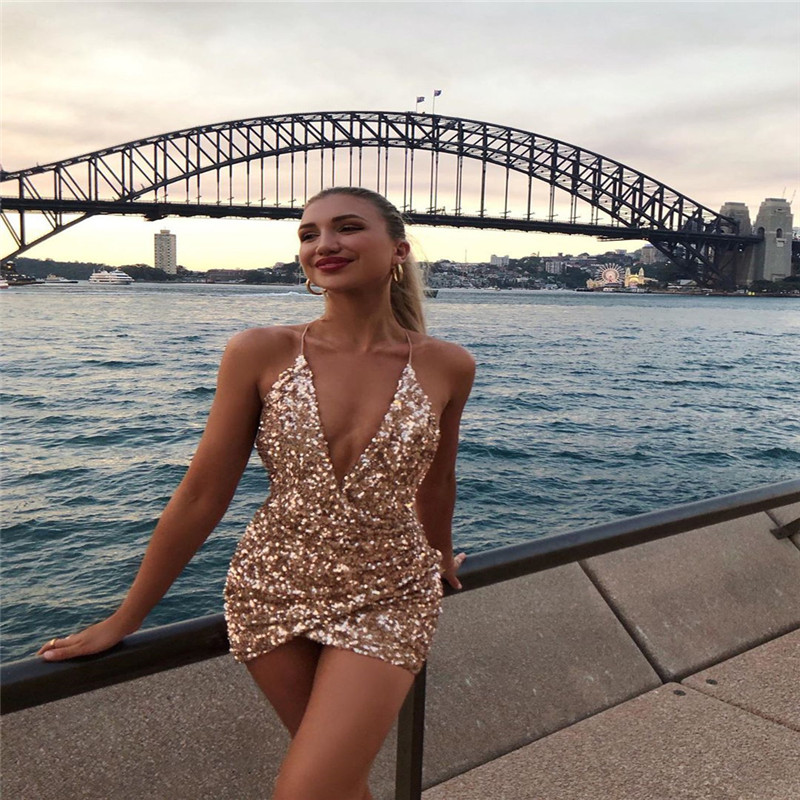 Womens Sexy Dresses Solid Color V Neck Spaghetti Strap Clothing Fashion Female Casual Sequins Bodycon Dress