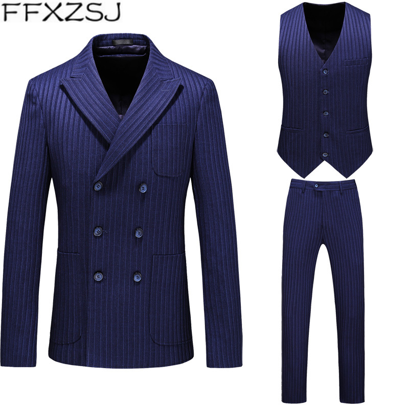 

Antumn 2020 Latest Men suit Stripe Business Slim Suits Sets Wedding Dress 3-PCS Suit (Blazers+vest+Trousers)Large size  -5XL, Navy blue