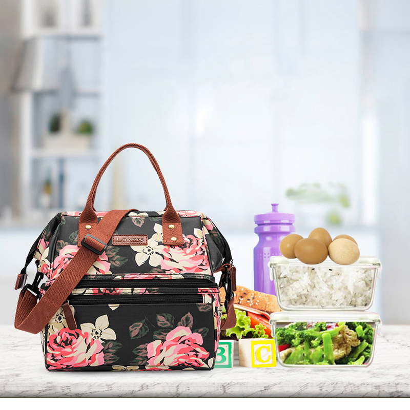 

Waterproof Picnic Lunch Bag Portable Oxford Canvas Tote Bags Storage Bags For Women Lunch Box Printing, Black