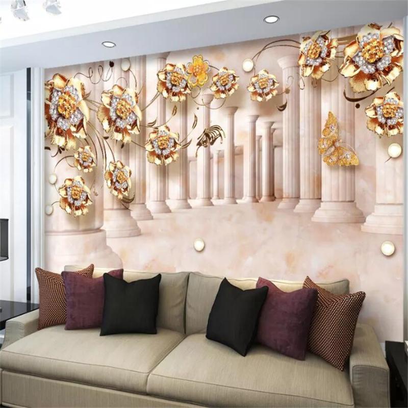 

mural Custom Wallpaper papel de parede 0 3d Photo Murals Gold Rose Ornamental Stone Roman Column 3d wallpaper papier peint, As pic