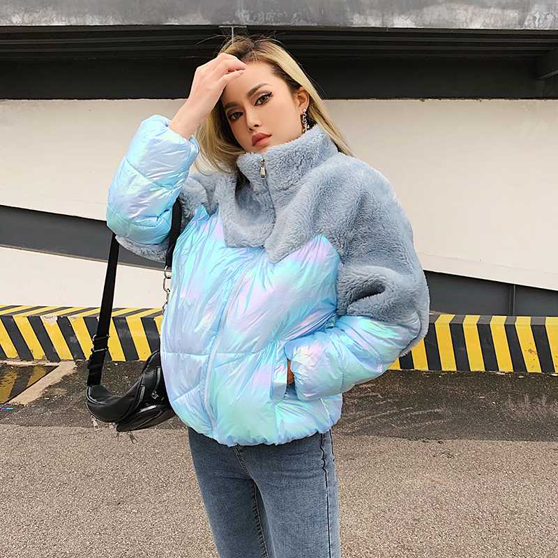

2020 Coat Women Streetwear Harajuku Parka Woman Winter Lambswool Jacket For Patchwork Warm Women Coat Shiny Jackets Large Sizes, Black