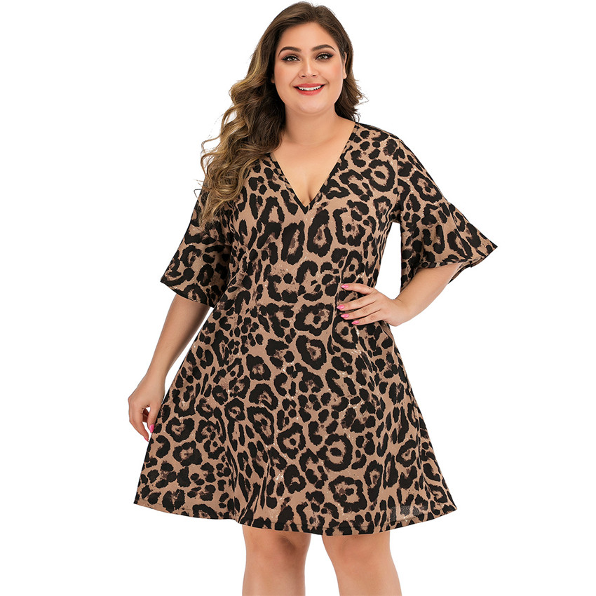 

Plus Size Leopard Women Dresses Fashion V-neck Short Sleeve Loose Ladies Casual Dresses Designer Female Clothes