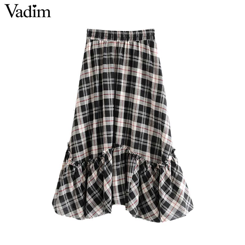 

Vadim women vintage plaid ruffled midi skirt elastic waist stylish female casual wear sweet mid calf A line skirts BA586, As picture