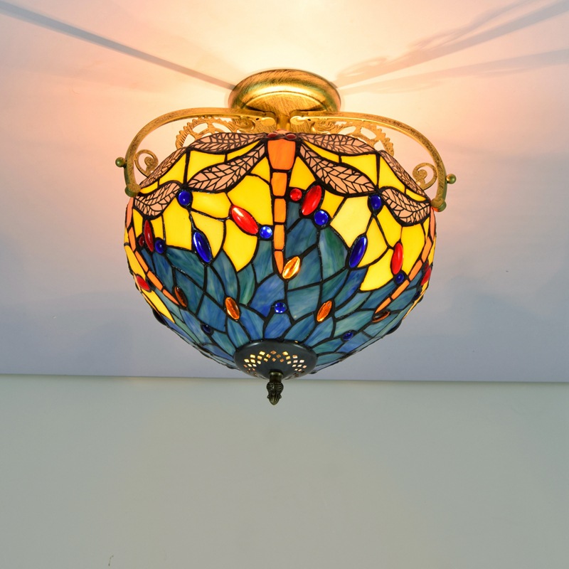 30CM European Retro Yellow Bottom Dragonfly Stained Glass Ceiling Lights Dining Room Bedroom Aisle Corridor Bathroom Glazed Semi-ceiling Lamp TF0-image-536646975