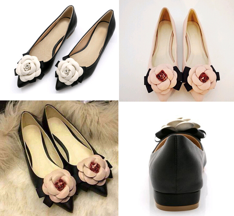 

2019 spring Sweet shoes brand style women Casual shoes camellia flowers mixed colors shallow mouth pointed toe flat shoes lady single shoe, Black white