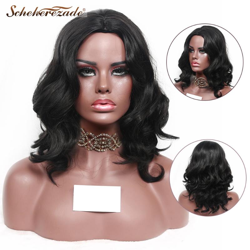 

Scheherezade Natural Black Synthetic Wigs For Black Women Short Wave Bob Wigs Medium Length Wig High Temperature Fiber, As pic