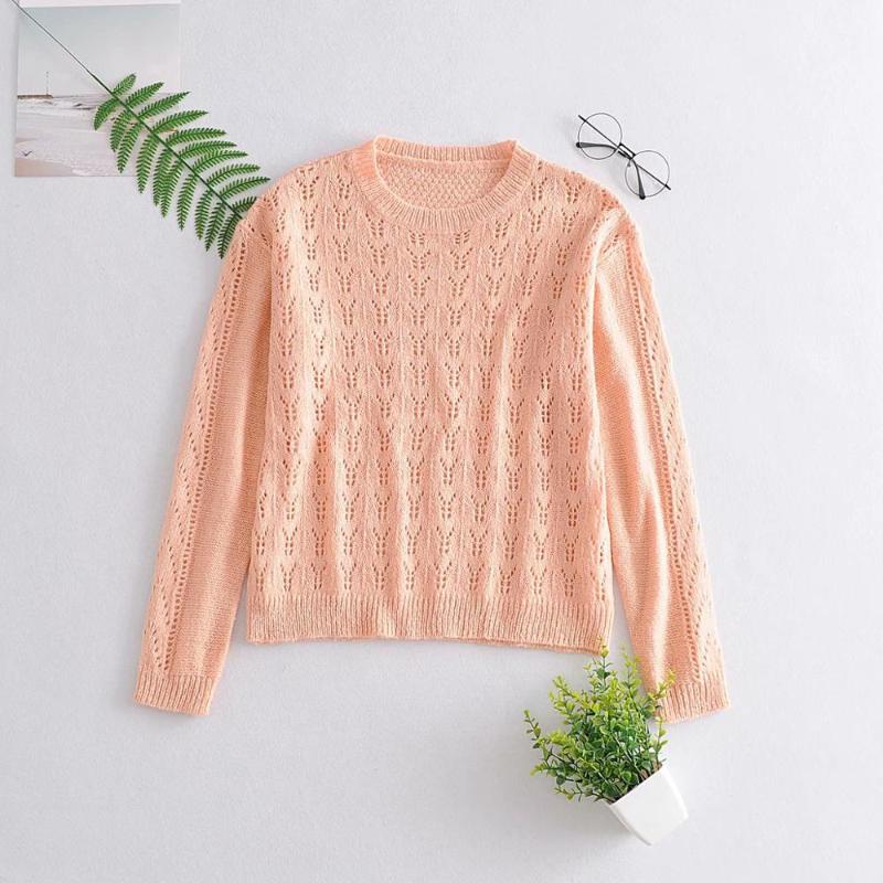 

2020 NEW Women' sweater pink solid hollow out O-Neck full sleeve Sweater Pullover Fashion Casual Female Tops