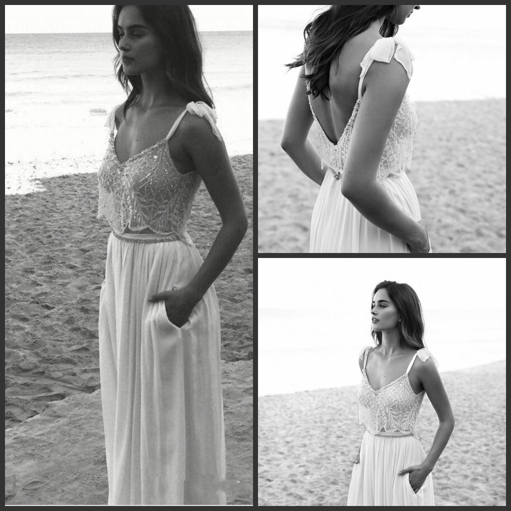 

2019 New Lace Wedding Dresses Spaghetti Neck Bow Lihi hod Beads Backless Bride Gowns Sweep Train Vintage Beach Chiffon Wedding Dress 1210, Light yellow