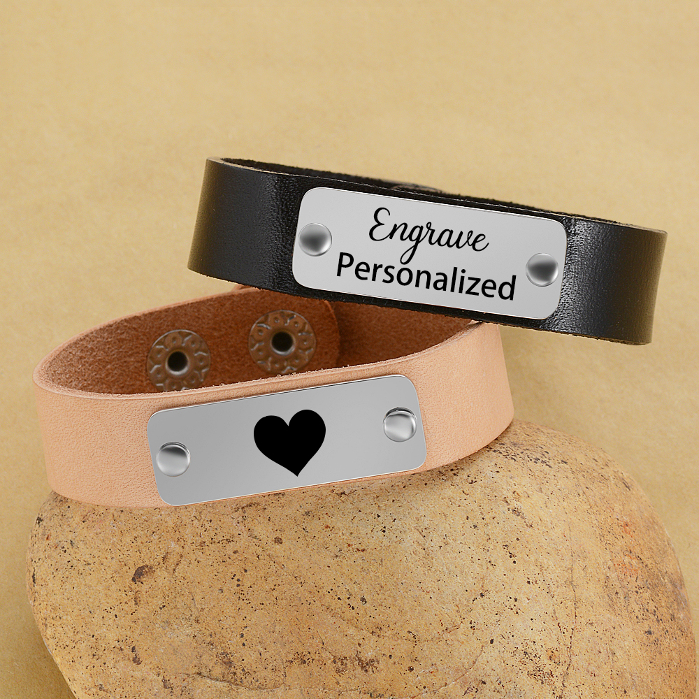 

2 Colors Personalized Genuine Leather Bracelet Stainless Steel ID Tag Wrist Wrap Custom Engraved Name Logo Bangle Gift SL-136