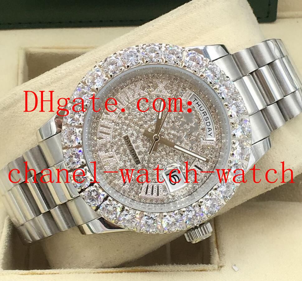 

New 43mm Day-Date President 18k White Gold Diamond Bezel Diamond Lugs Roman Dial Automatic Mechanical Movement Mens Watch, Silver
