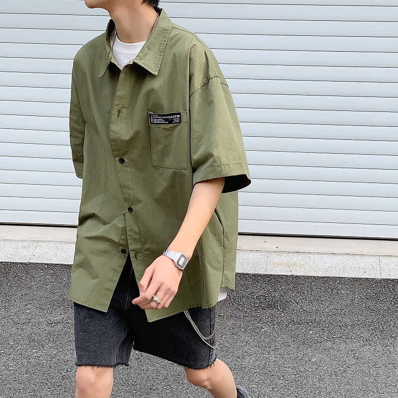 

Short-Sleeved Shirt Men Casual Loose Shirt Men Spring and Autumn New Mens Shirts, Green