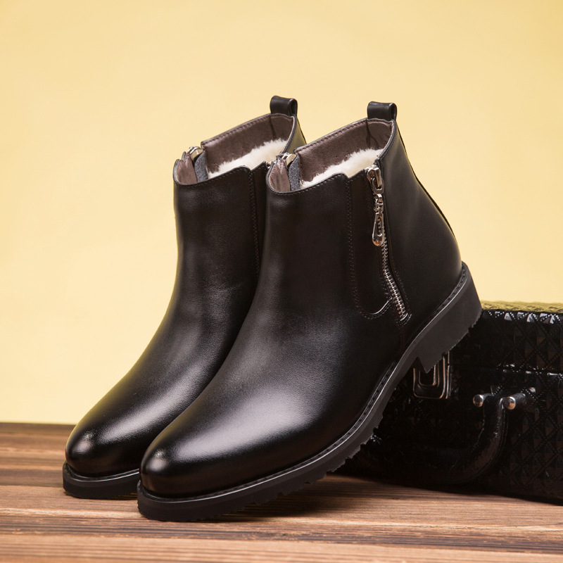 

Winter Men's Boots Warm Fur Snow Boots, Pointed Side Zipper Business Men's Short Boots, Fashion Soft Leather Cotton Shoes, Black