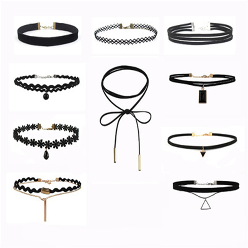 

New Black Leather Lace Velvet Mix Charms Tattoo Choker Necklaces For Women Fashion Gothic Punk 10pcs/set Collar Chokers Necklace