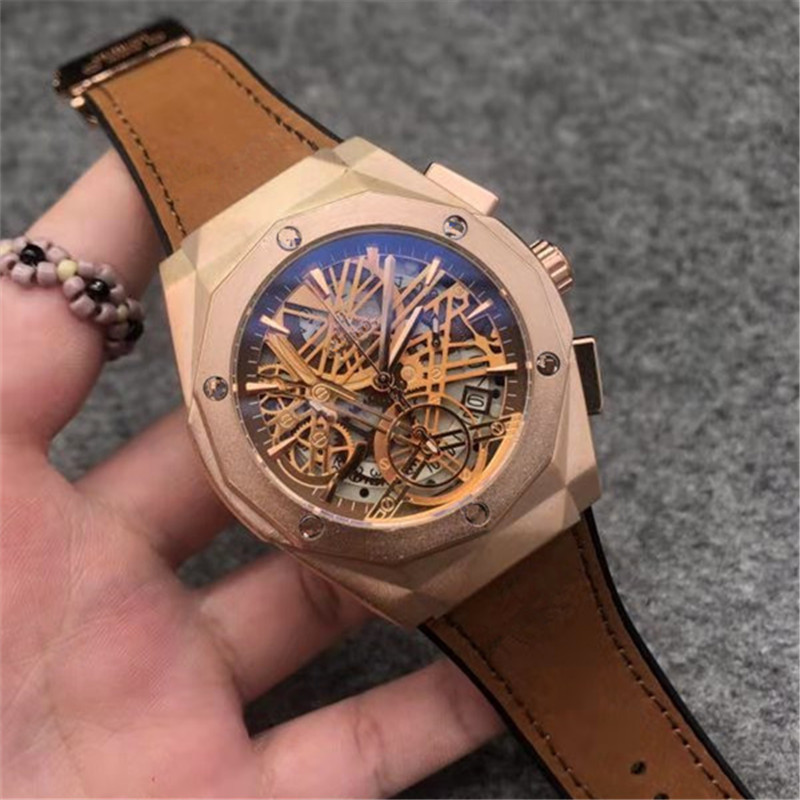 

11 Mens Hollow out Watches leather strap screw embedded in rubber case design luxury fashion brand quartz stopwatch chronograph watch, Slivery;brown