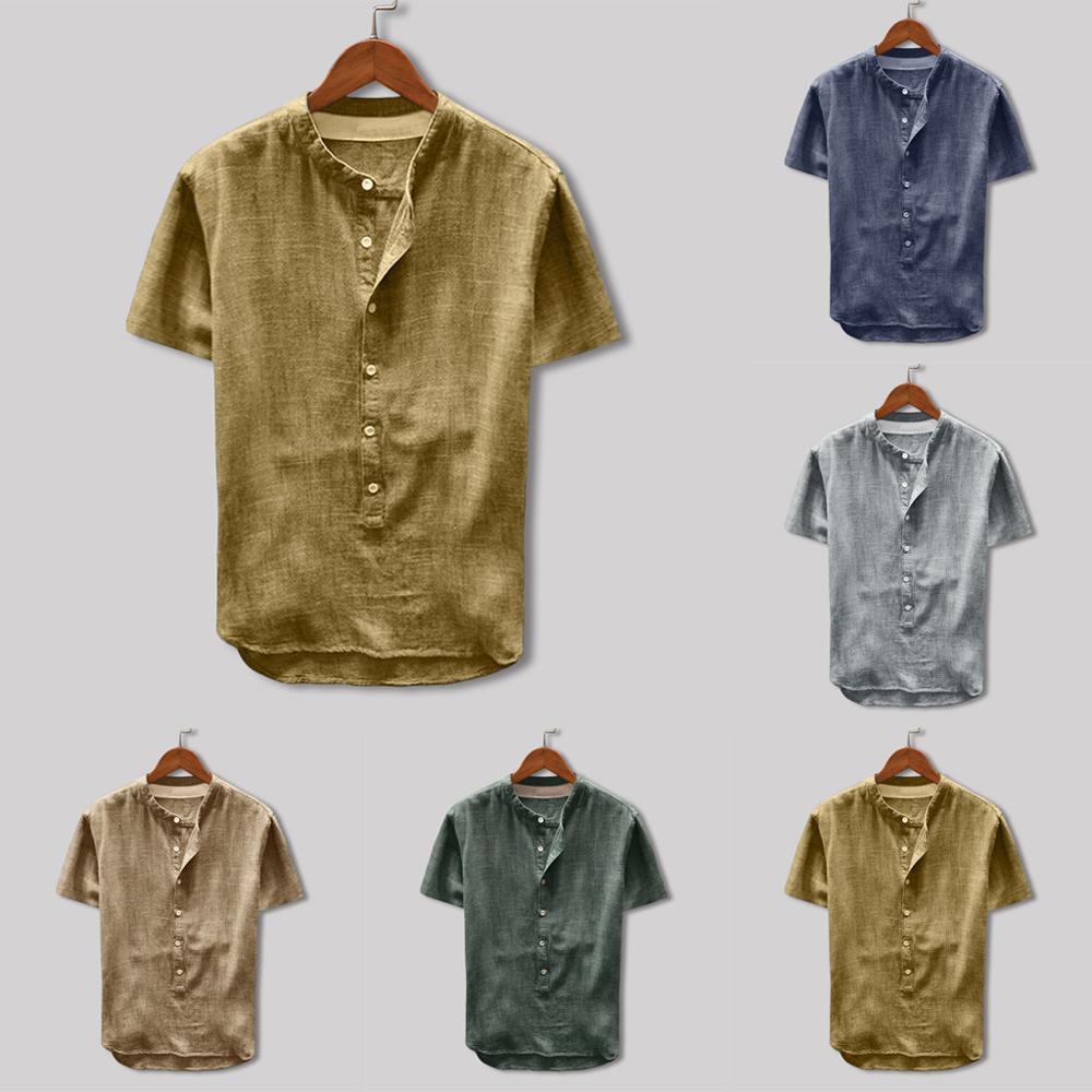 

Fashion Men's Summer Button Casual Linen and Cotton Short Sleeve Top Blouse Summer 2019 Short-sleeved Couple Dress, Navy