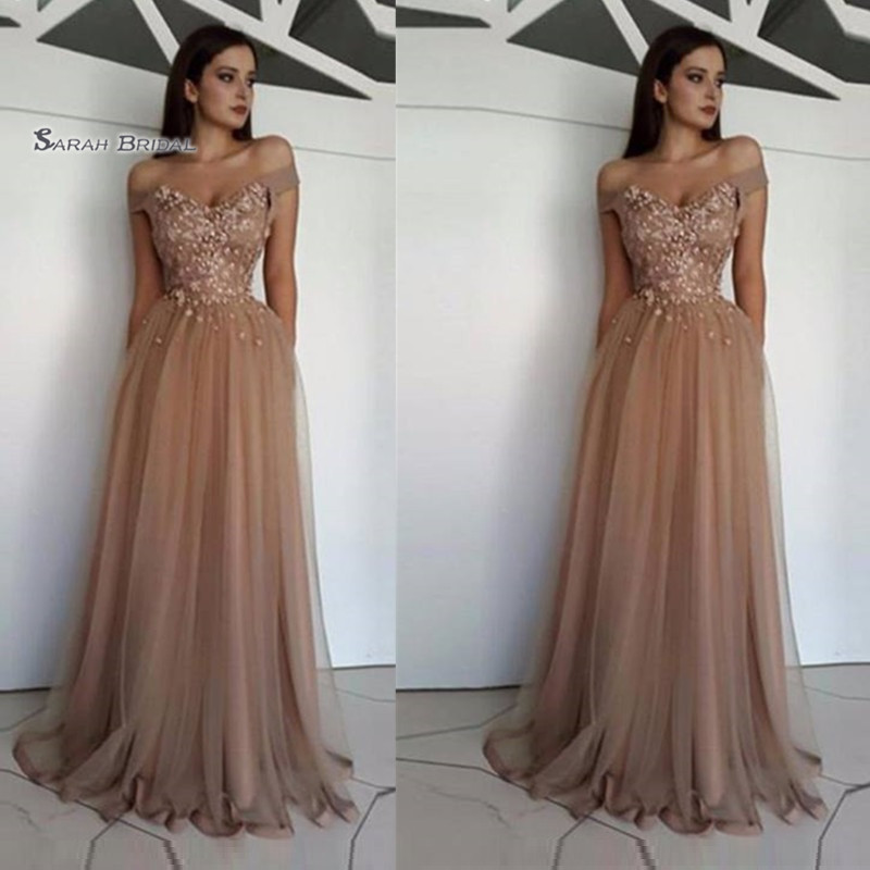 

Floor Length A-line Off Shoulder Appliques Tulle Prom Party Dresses Tulle Sexy Party Dress Hot Sales, Brown