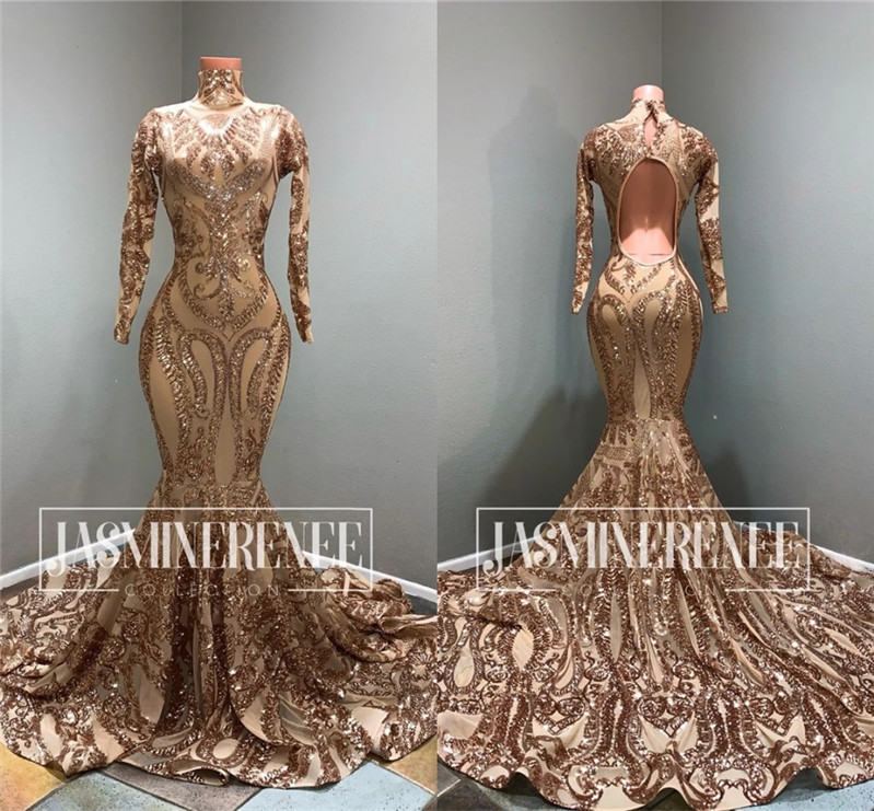 

2020 Gold High Neck Mermaid Prom Dresses Sexy Sequined Long Sleeves Evening Gown With Feathers Formal Party Dress, Yellow