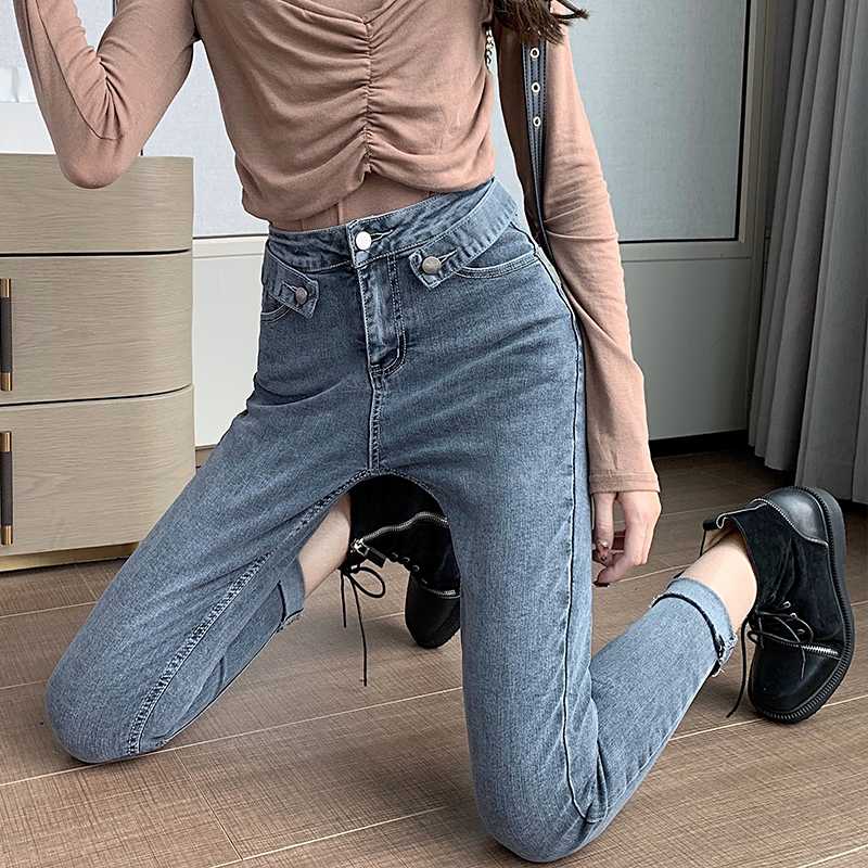 

New High Waist Jeans Women 2020 Spring Decoration Belt Stretch Personality Nine Points Pencil Pants, Gray