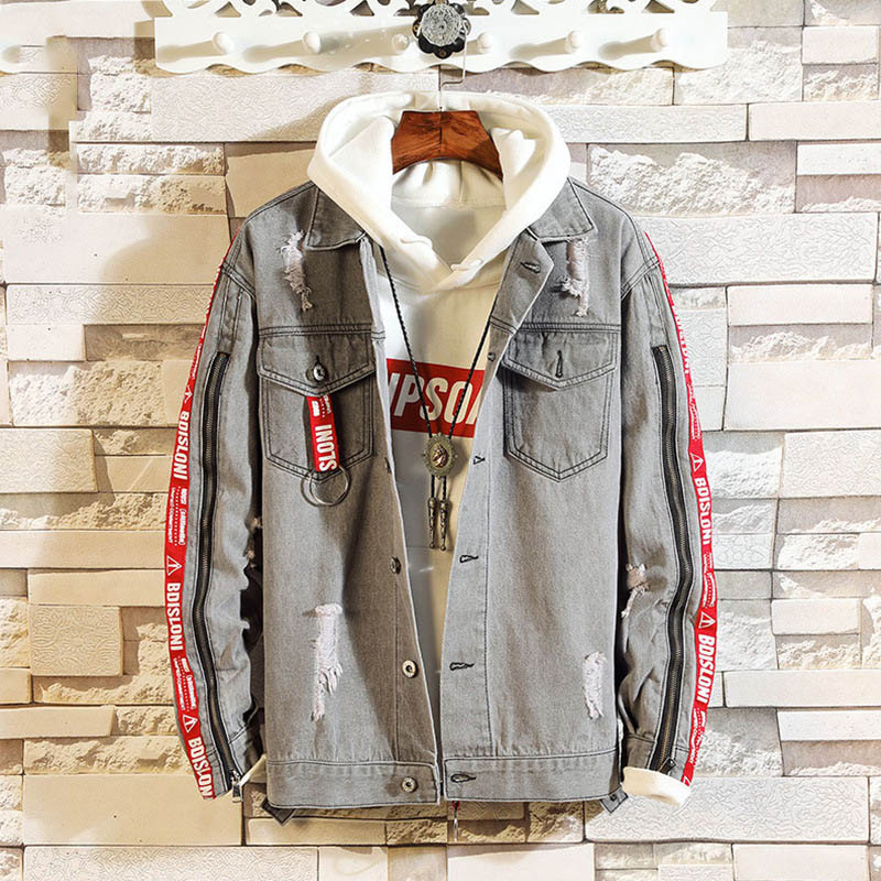 

Fashion 2020 ribbon frazzle hip hop windbreaker men' long-sleeved lapel washed badge denim jacket youth Korean Slim men' coat, Gray