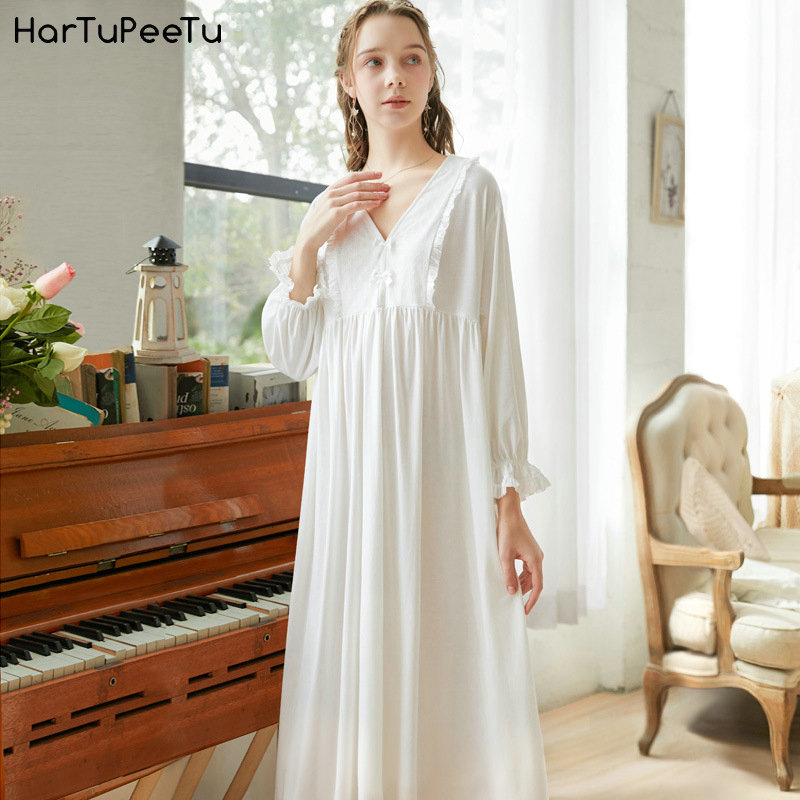 

Princess Style Cotton Night Robes for Women Vintage Sleep Long Sleeve Loose Plus Size Nightdress Female Court Pajamas, White