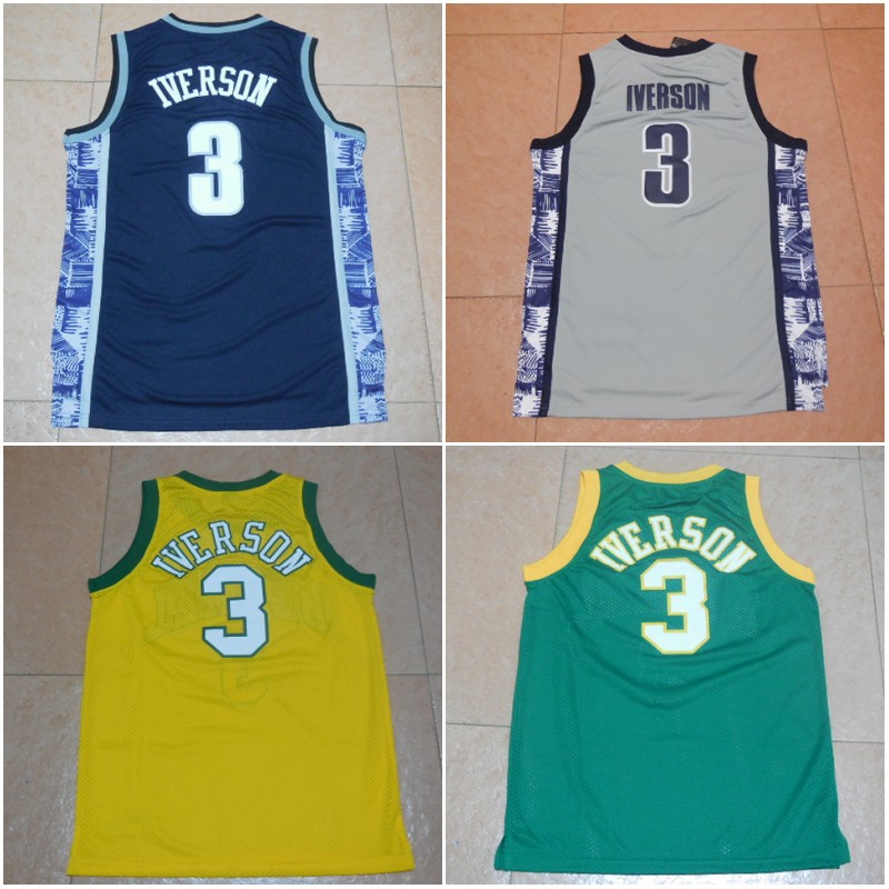 

#3 Allen Iverson Bethel High School Basketball Shirts Mens The Answer Georgetown College Stitched Blue Grey Basketball Jersey