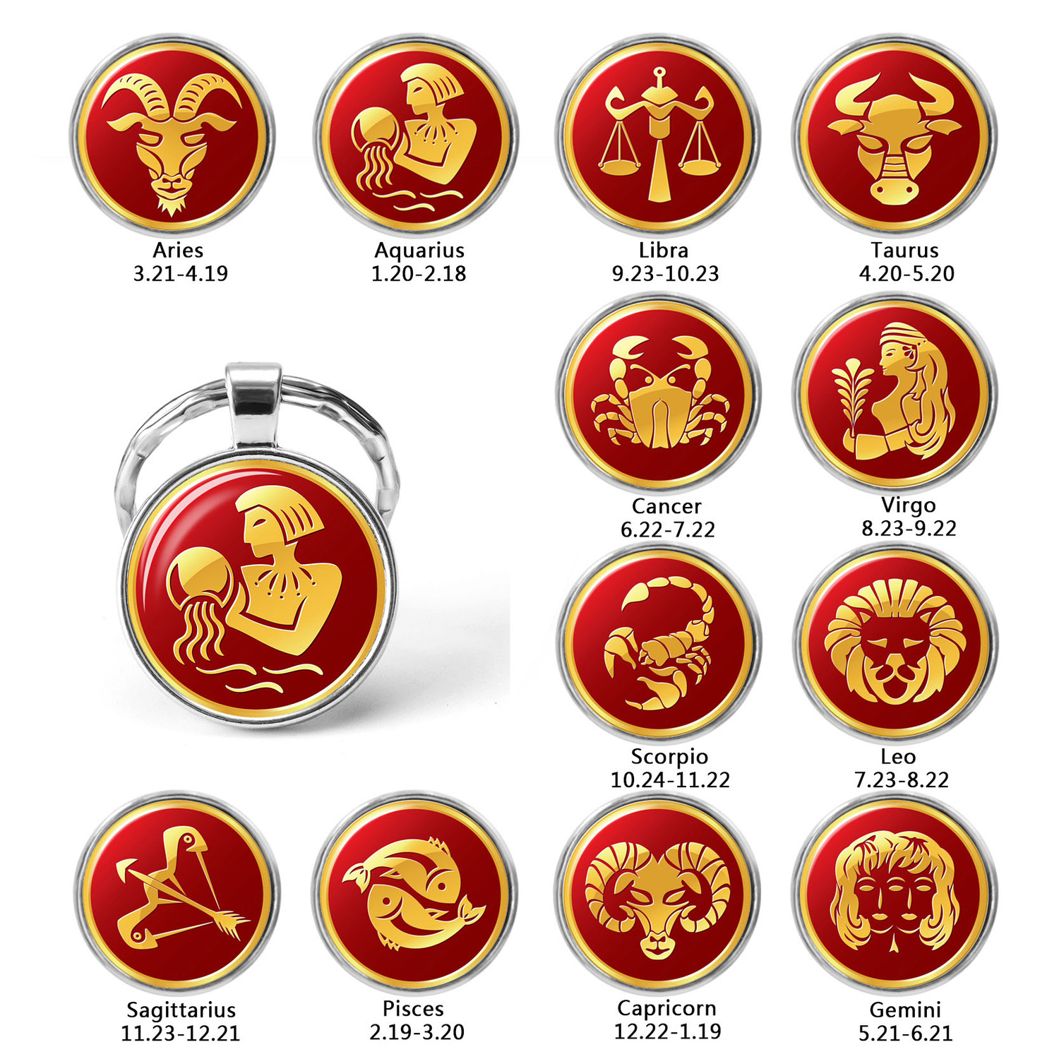 

12 Constellation Aquarius Pisces Aries Key Chains Glass Cabochon Dome Pendant Key Rings Silver Plated Pendant Birthday Gift
